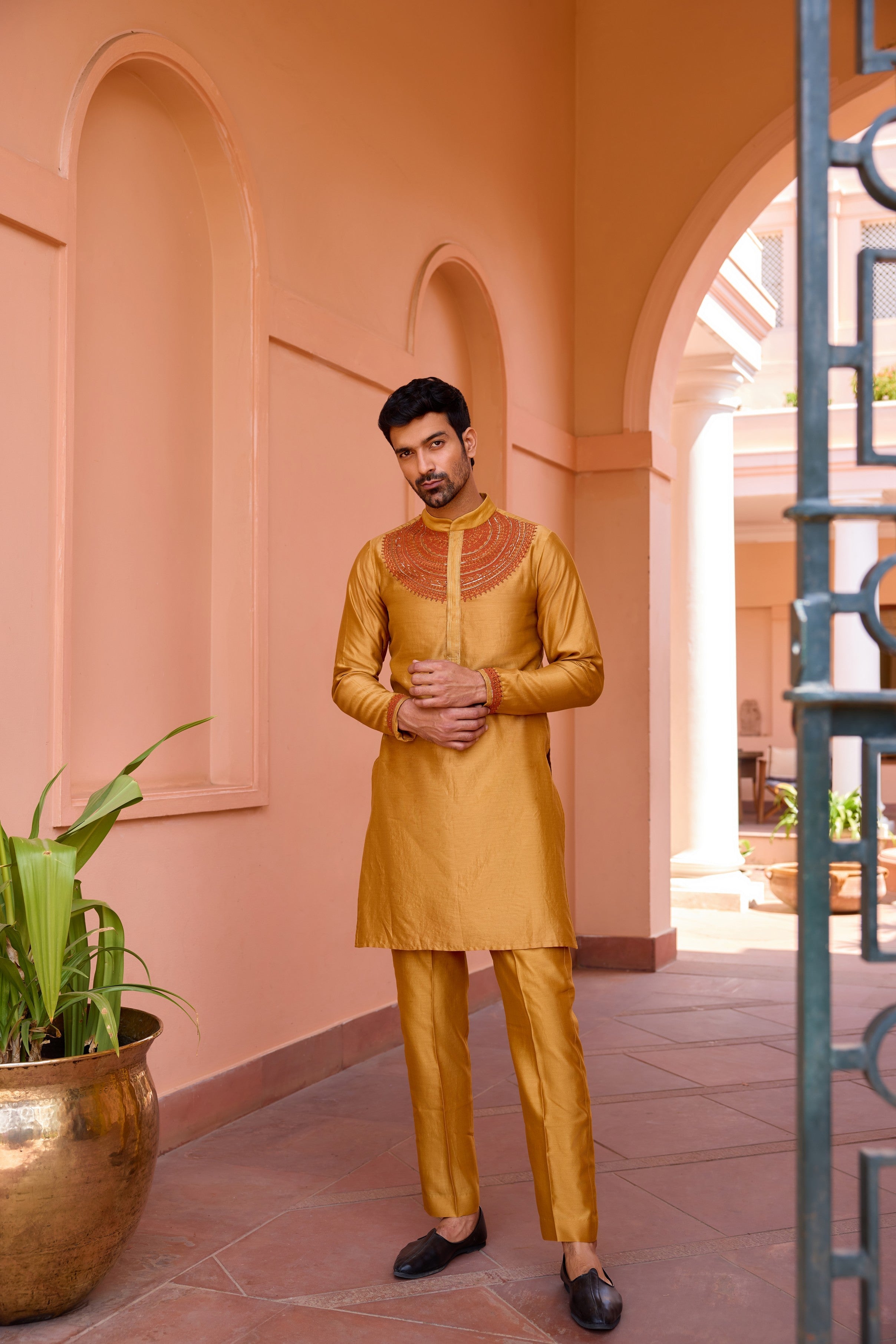 Gold mustard dori and hand embroidered silk kurta set