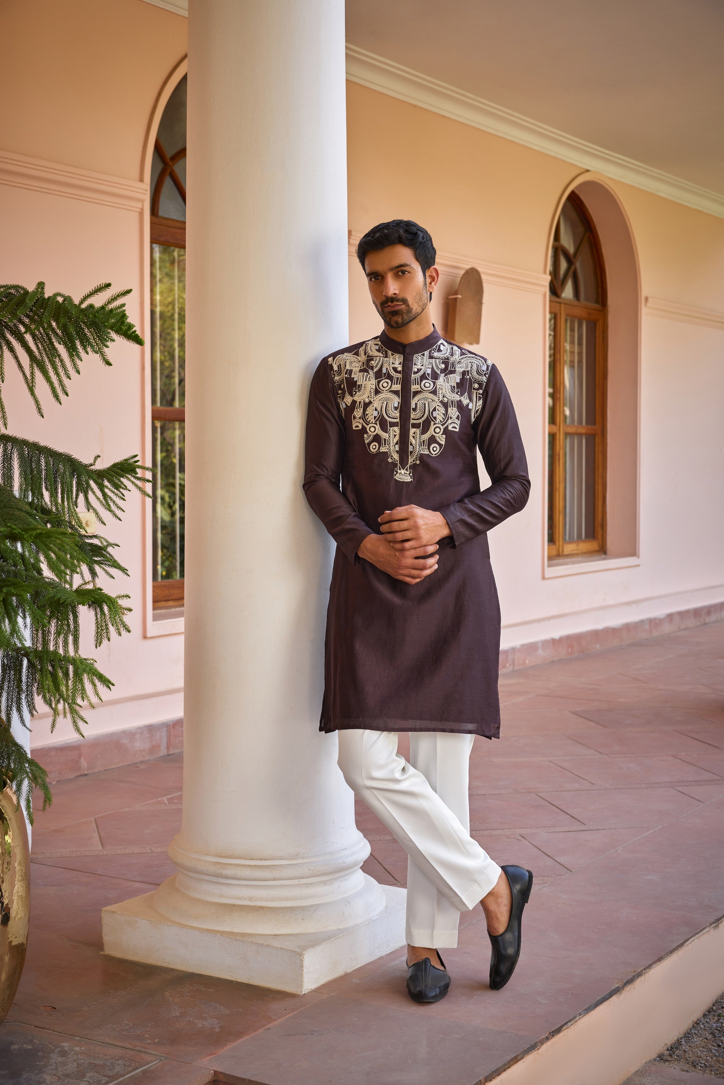 Brown dori and hand embroidered silk kurta set