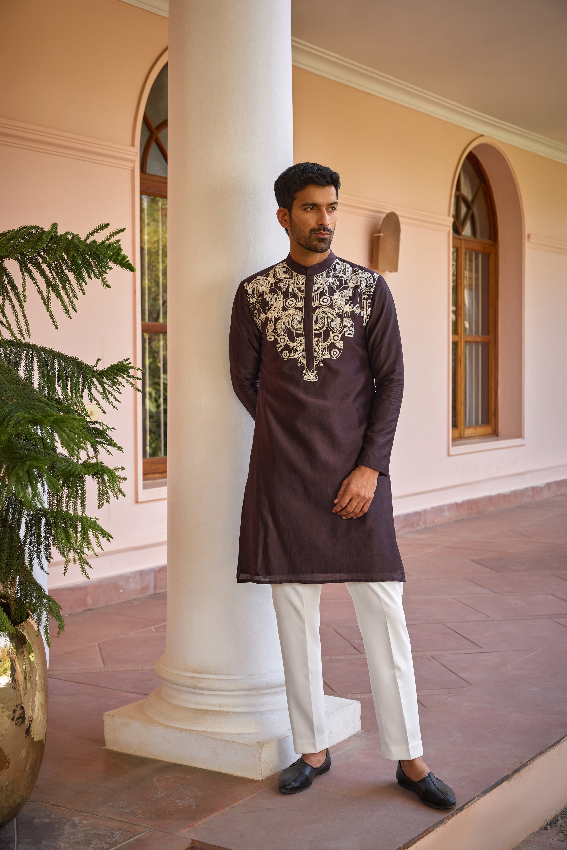 Brown dori and hand embroidered silk kurta set