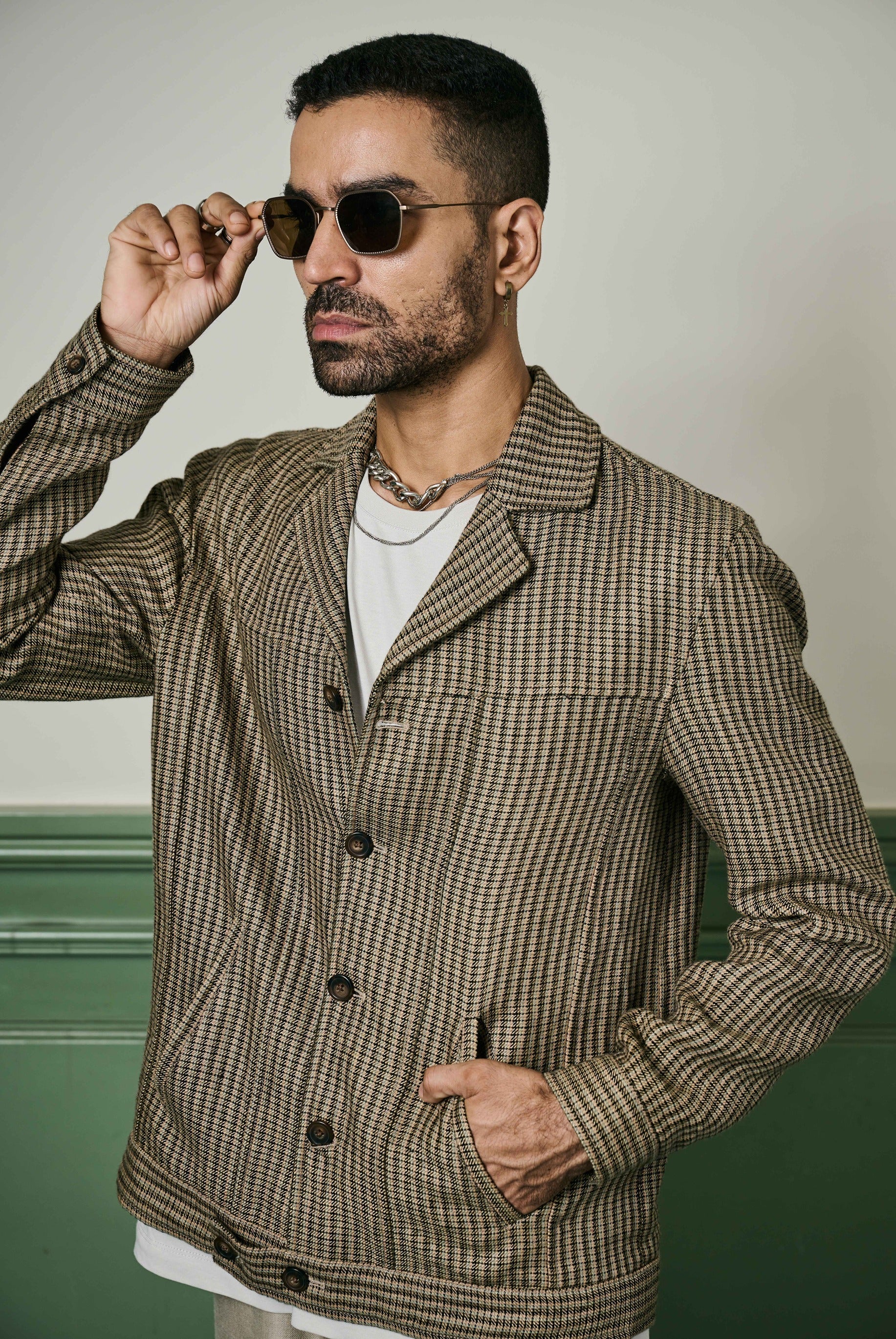 Brown Houndstooth Linen Cuban Collar Jacket