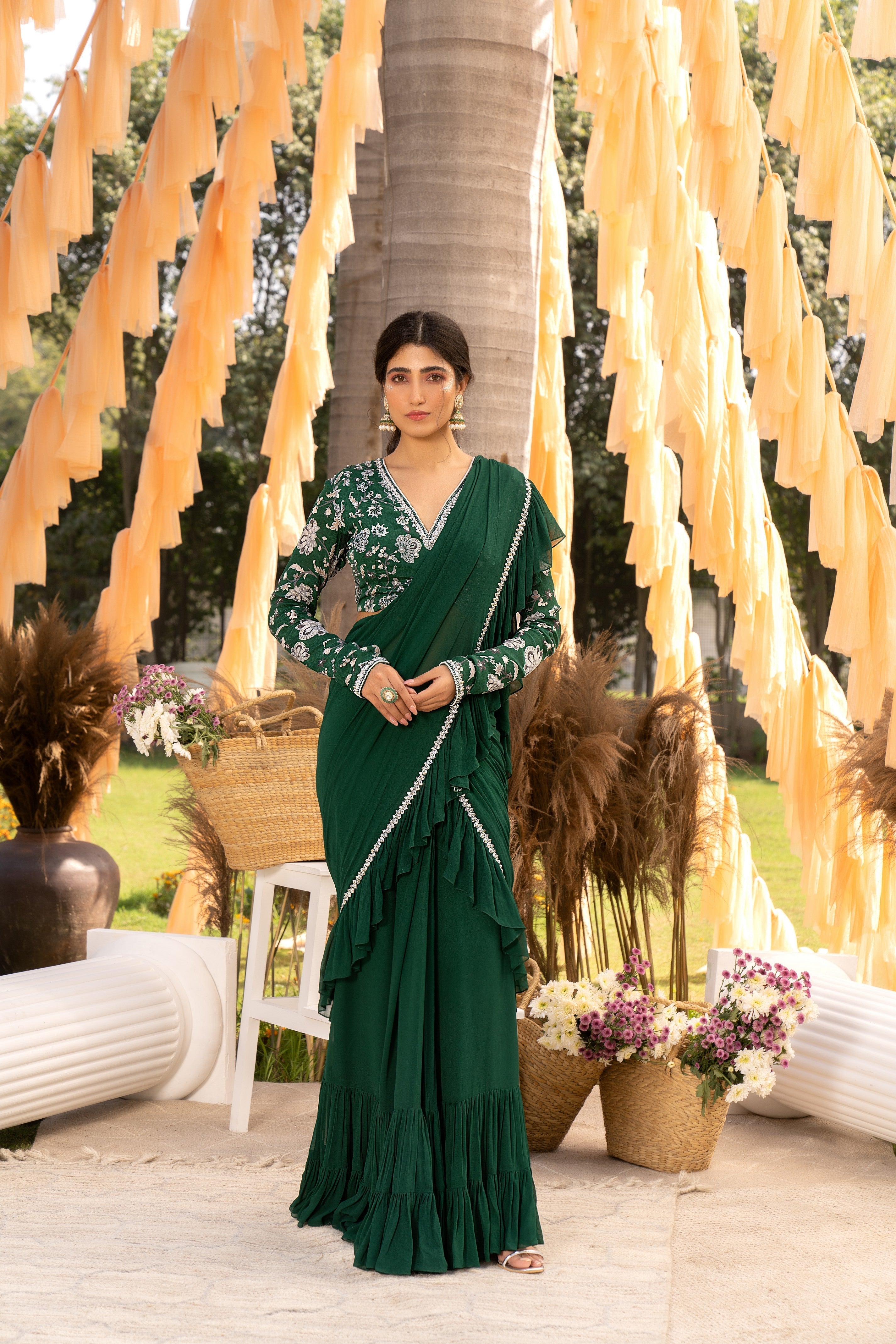 Green frill saree set