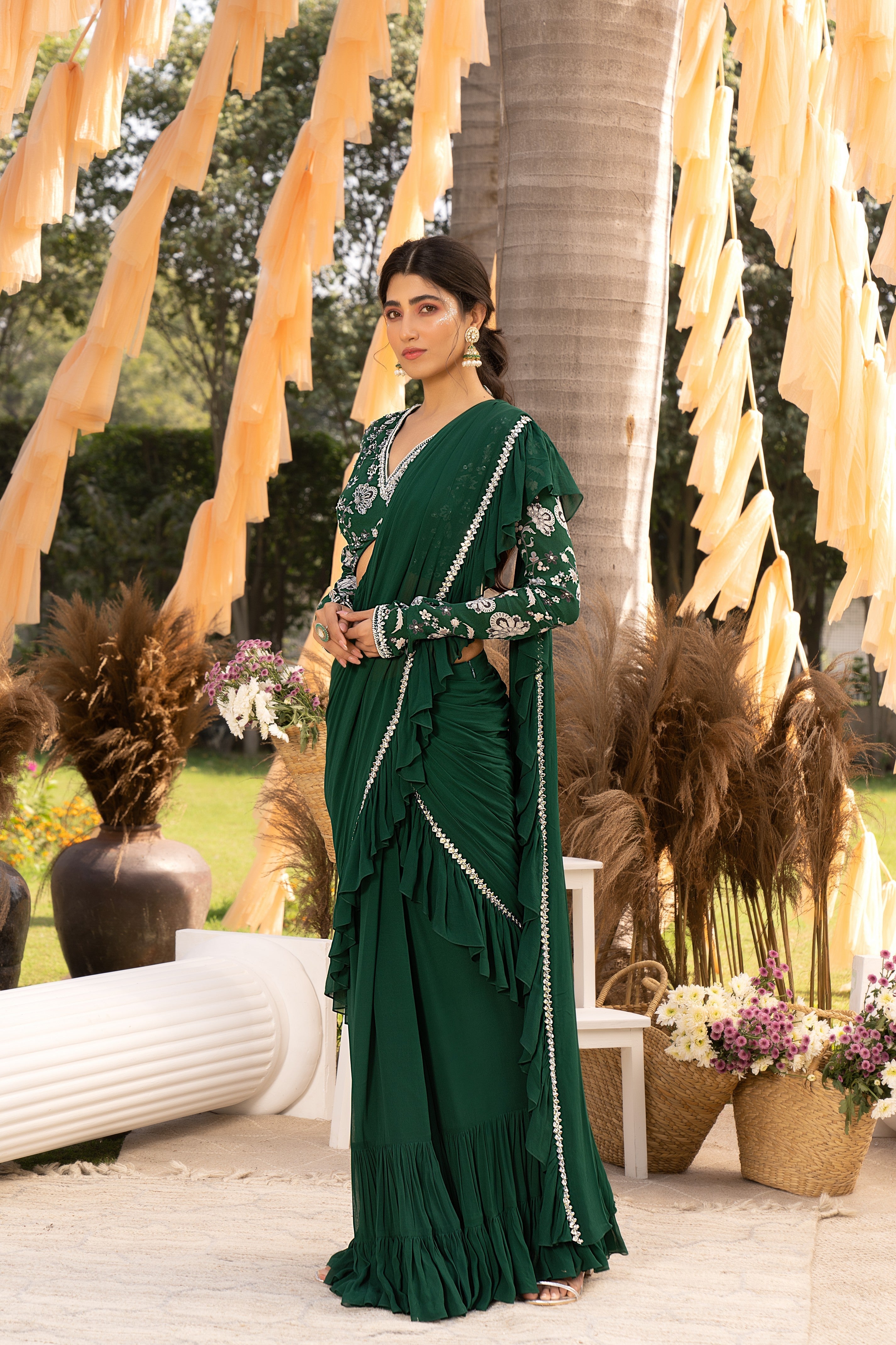 Green frill saree set