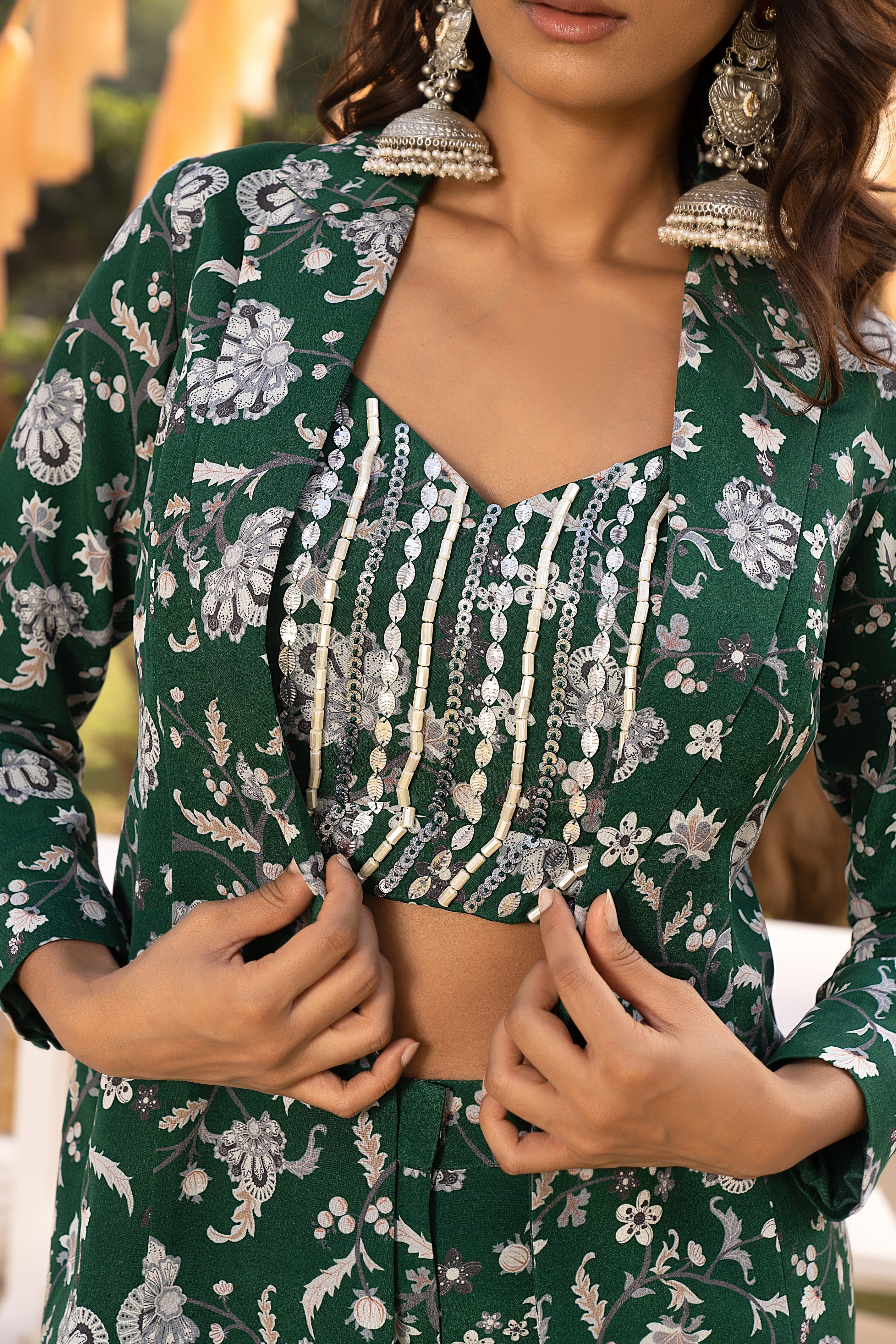 Bottle green printed pant suit