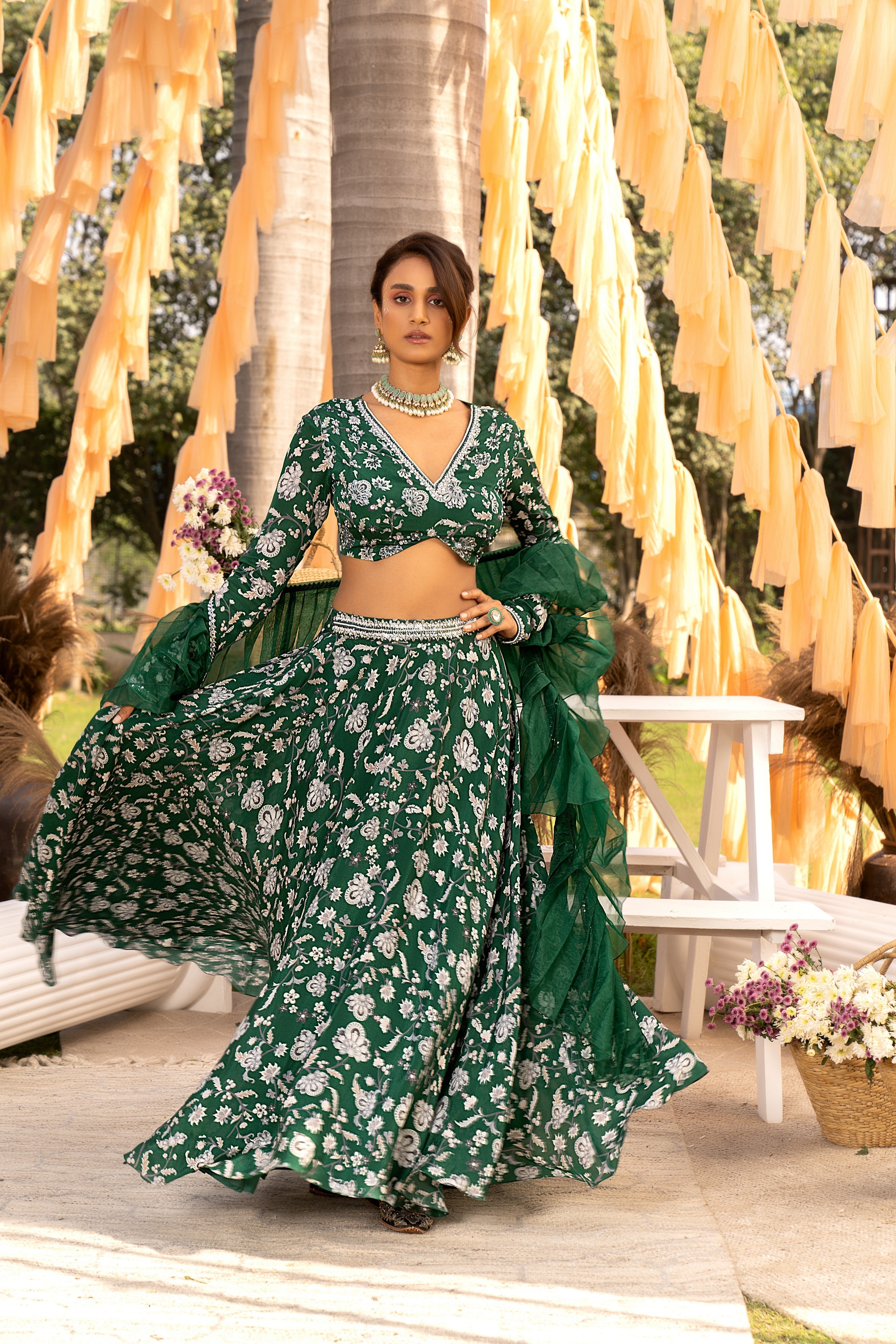 Bottle green printed lehenga set