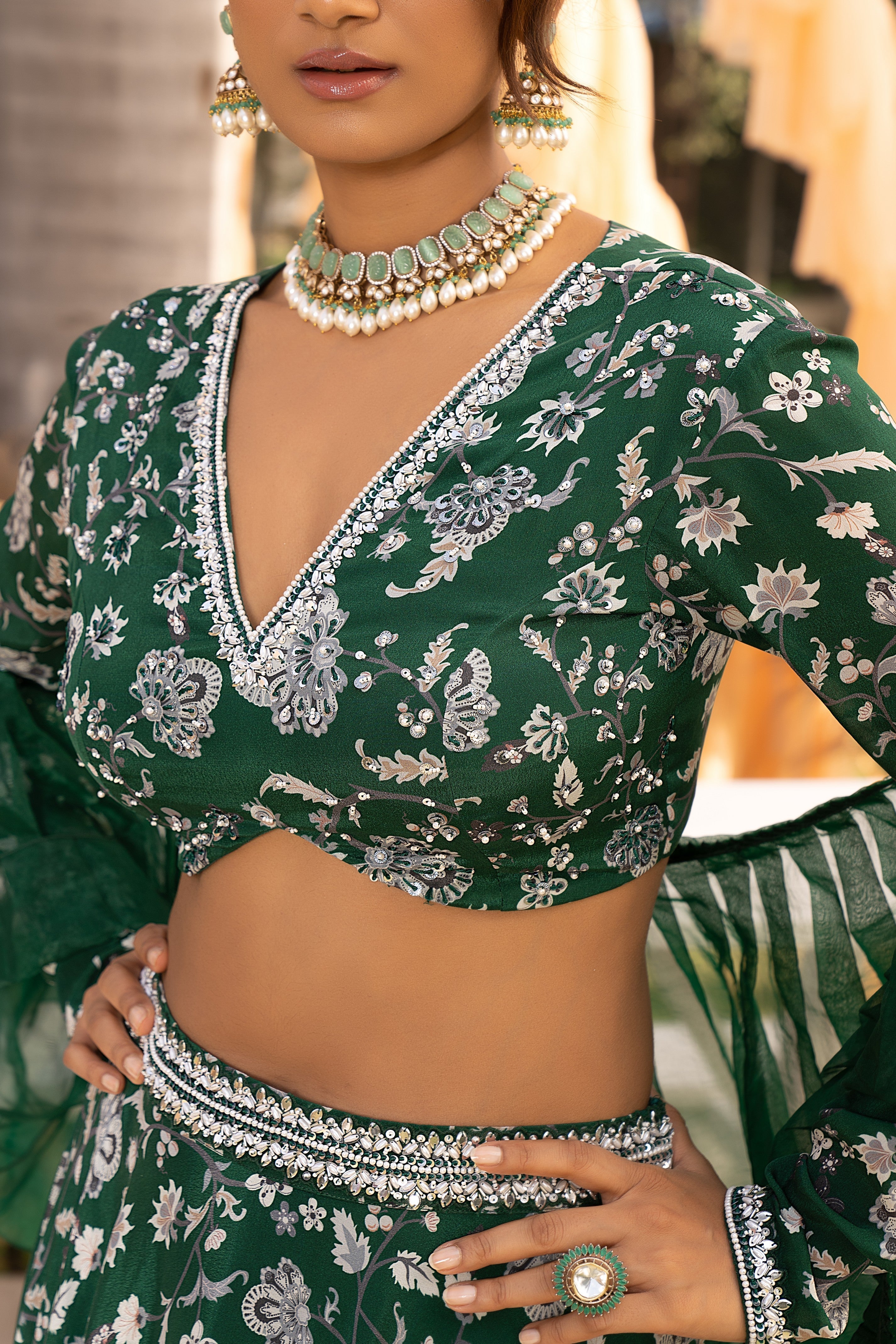 Bottle green printed lehenga set