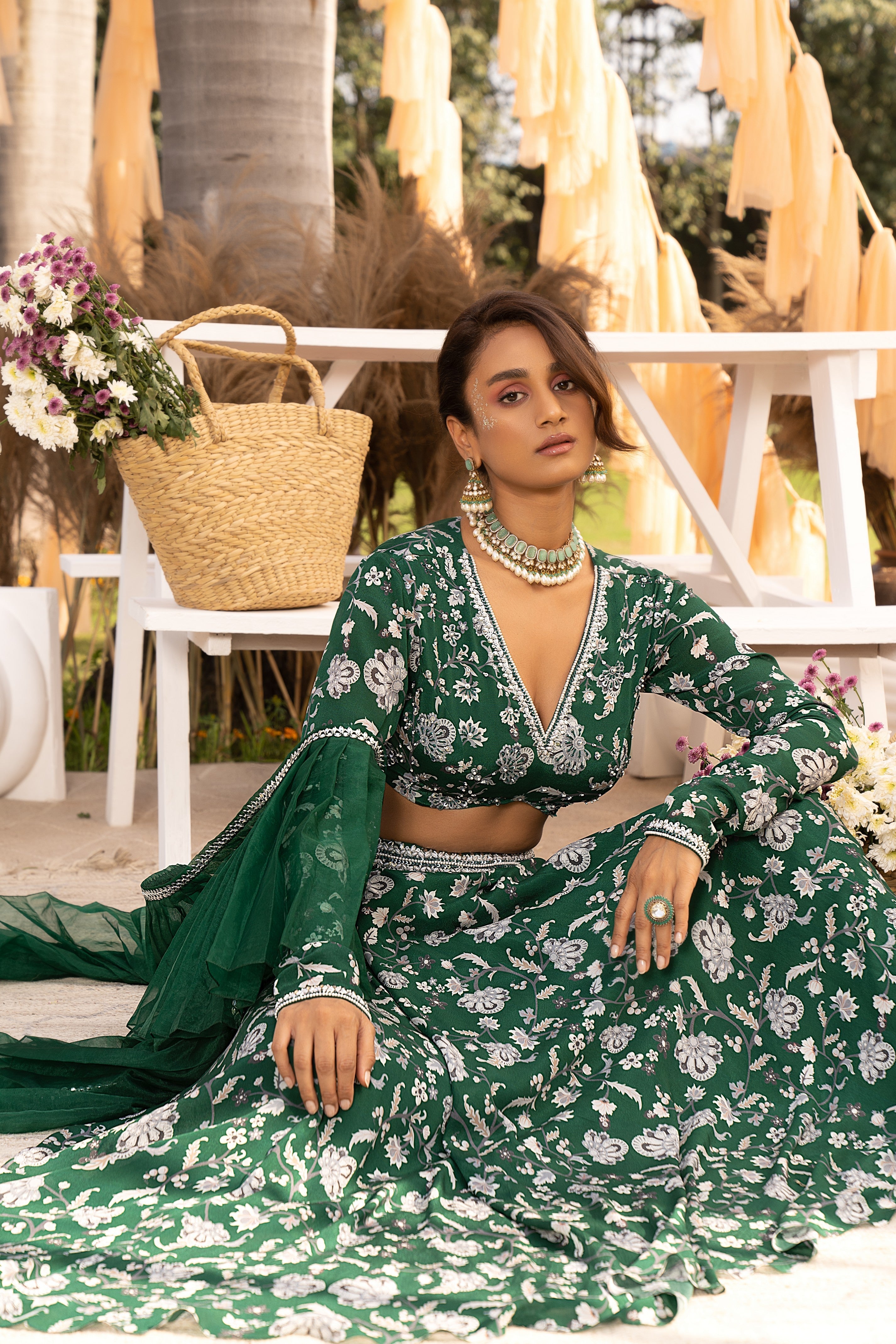 Bottle green printed lehenga set