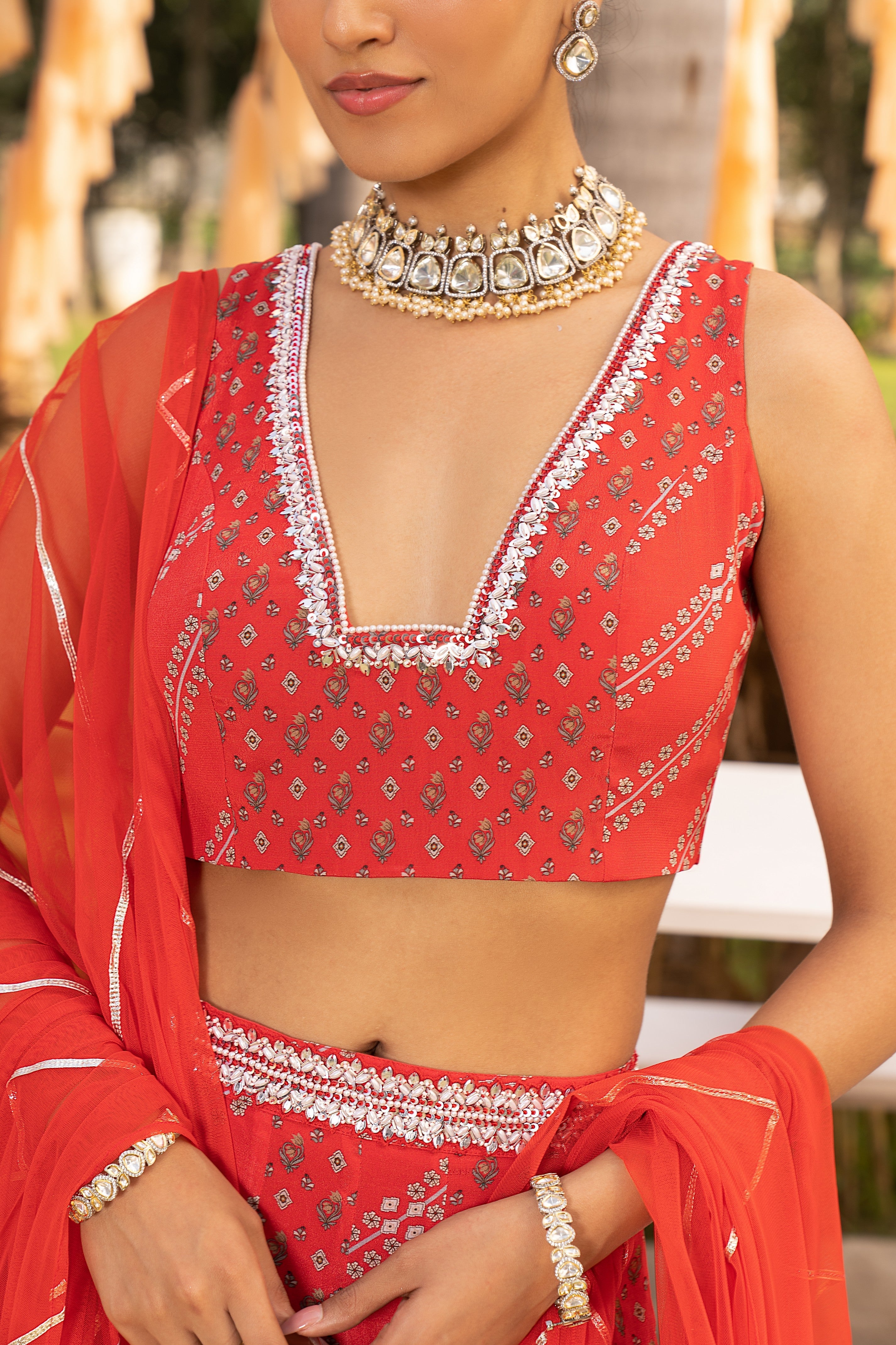 Red printed lehenga set