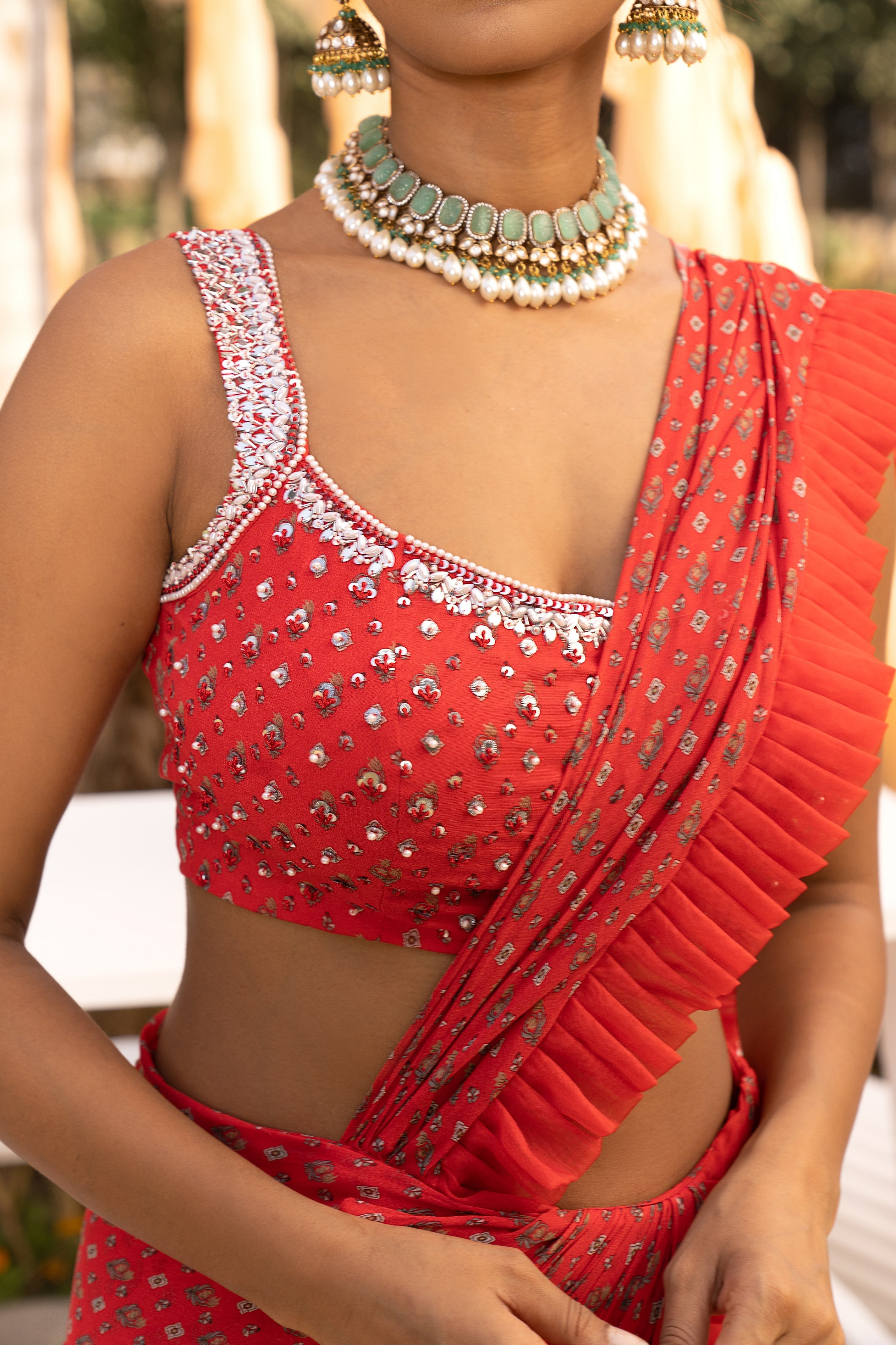 Red printed saree set