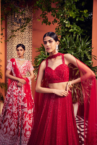 RED RAWSILK EMBELLISHED LEHENGA