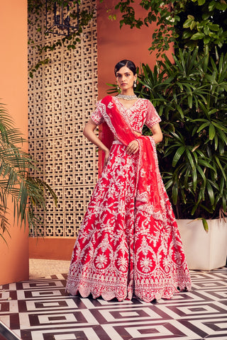 RED RAWSILK EMBELLISHED LEHENGA