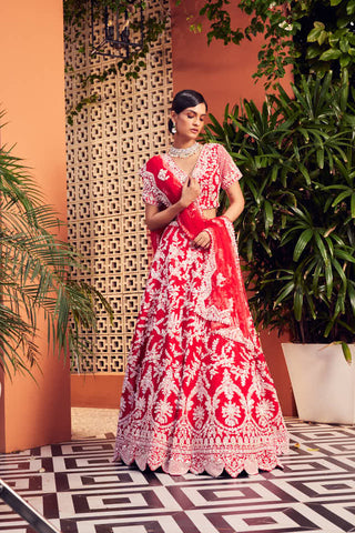 RED RAWSILK EMBELLISHED LEHENGA