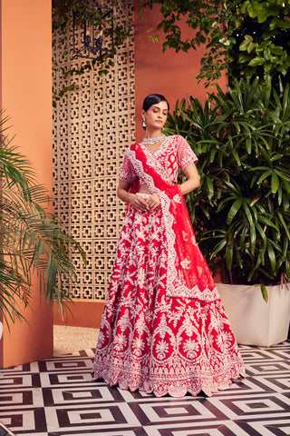 RED RAWSILK EMBELLISHED LEHENGA