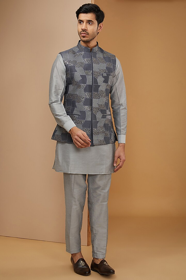 Royal Blue and Grey Embroidered Kurta-Jacket Set